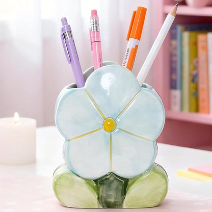 Flower Desk Pen Holder Blue Desk Accessories for Desk Aesthetic Cute Toothbrush Makeup Pencil Holders Office Home Decor Birthday Gifts for Women Vanity Kawaii Kitchen Utensil Holders