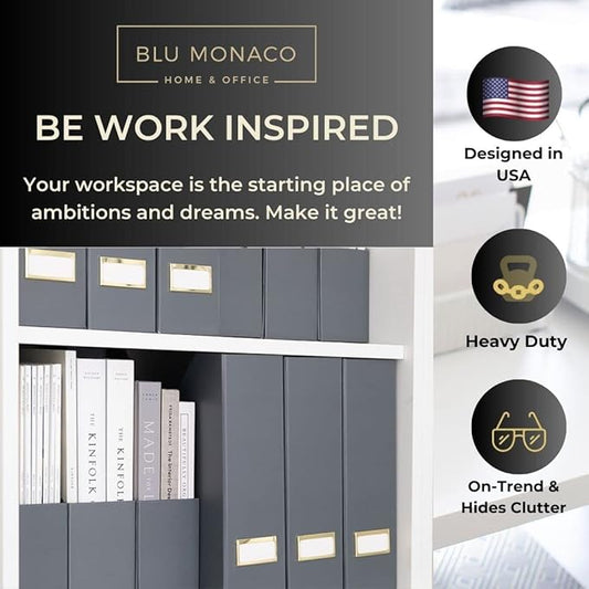 BLU MONACO | Set of 6 Foldable Grey Magazine File Holders with Gold Label Holders | Vertical File Organizer Boxes for Desk, Bookshelf & Home Office Storage