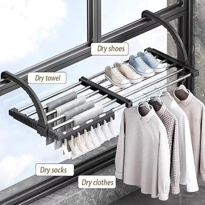 Portable Clothes Drying Rack for Balcony Railings Windowsill, Folding Towel Rack Indoor Outdoor Retractable Laundry Rack with Sock Clips for Drying Socks