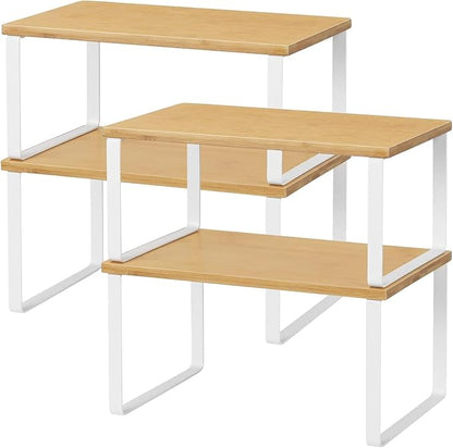 NEX Bamboo Kitchen Cabinet and Counter Shelf Organizer, Stackable & Expandable, Set of 4, White and Natural