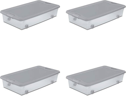 Sterilite 8 Pack Wheeled Under Bed Storage Container, 56 Qt Plastic Bin with Latching Lid for Organization - Clothes & Shoes Organizer, Silver Tint