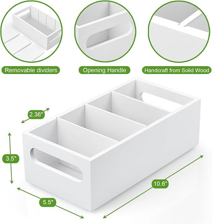 DRASTAR Pantry Organization and Storage Bins, Seasoning Packet Organizer with Removable Dividers,Wooden Storage Caddy for Kitchen, Pantry, Cabinet, Countertop, White