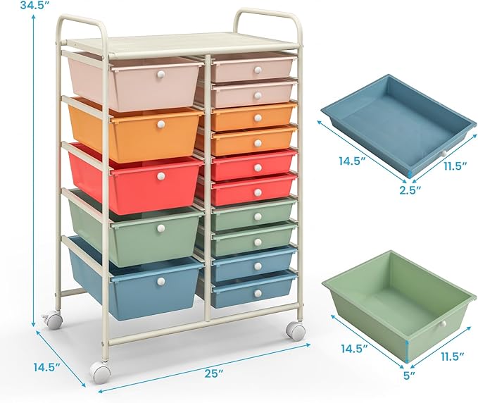KOTEK 15-Drawer Rolling Storage Cart, Multipurpose Mobile Utility Cart with 4 Wheels, Home Office School Tools Scrapbook Paper Organizer (Multicolor-Combo3)