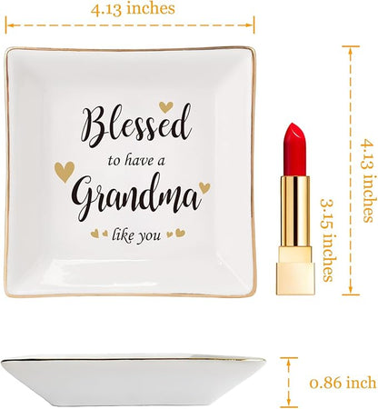 HOME SMILE Mother's Day Gifts for Grandma,Grandmother Ceramic Ring Jewelry Dish Tray Plate for Birthday Valentine's Christmas-Blessed to Have A Grandma Like You