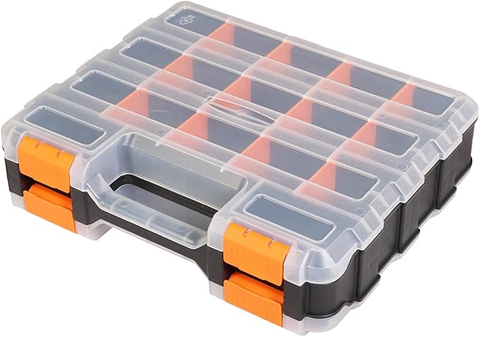 Tool Box with Transparent Lid, Double Side 34-Compartments Organizer Box with Removable Dividers for Hardware, Screws, Bolts, Nails, Beads, Jewelry and Fishing Accessories, Orange, 1 Pack