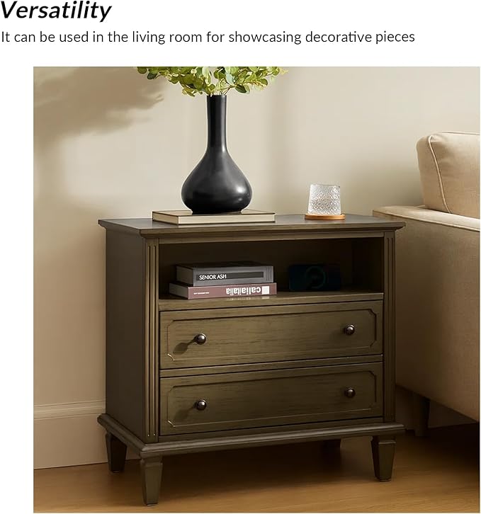HULALA HOME Farmhouse End Table with Charging Station, End Table with USB Ports & Outlets, Fluted Pilasters Design Side Table with Open Space and 2 Drawers Dresser for Living Room, KONA