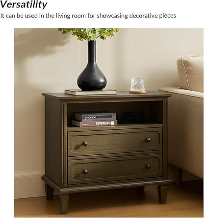 HULALA HOME Farmhouse End Table with Charging Station, End Table with USB Ports & Outlets, Fluted Pilasters Design Side Table with Open Space and 2 Drawers Dresser for Living Room, KONA