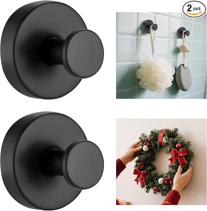 HESUSLA Suction Cup Hooks for Wreaths on Glass,2025 New Model No-Drill Suction Cup Hooks,Wreath Hangers for Front Doors,Metal Towel Hooks for Showers Bathrooms Mirrors(2 Pack,Black)