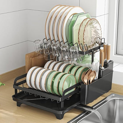 HOISIMDY 2 Tier Dish Drying Rack Automatic Drainage Board Space-Saving for Kitchen Counter with Cups Holder