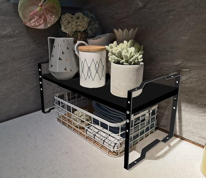 Expandable Shelf for Cabinet Organizer Adjustable Stackable Spice Rack at Kitchen and Bathroom More, Counter Countertop Cupboard Organization Pantry Storage(MEDIUM/1PACK/BLACK)