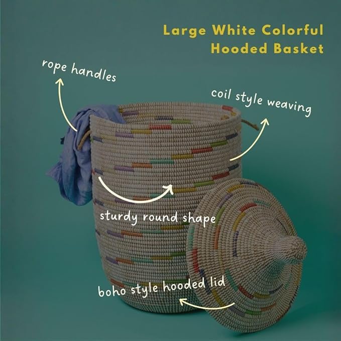 Large Colorful White Basket for Decor, Organizing, Storage - Living Room Blankets, Nursery Toys, Laundry, Towels, Pillows, Comforter, Cushions - Wicker, Woven, Round, Lid, Handles