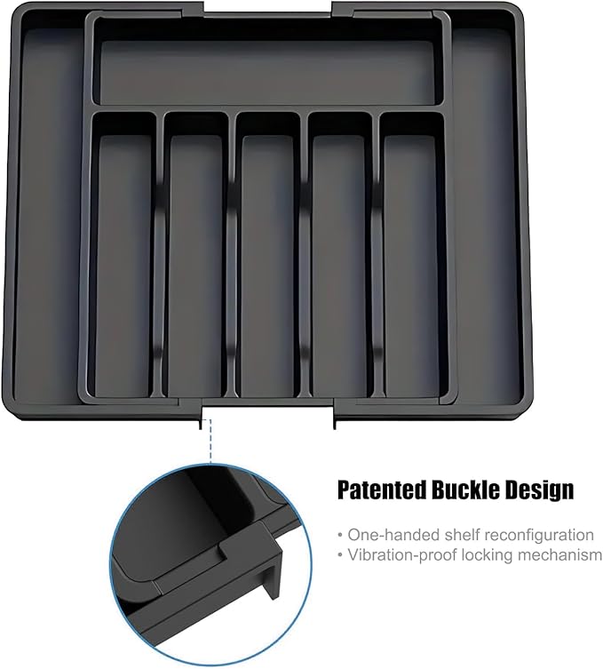 Expandable Silverware Drawer Organizer, Adjustable Utensil Tray with 8 Compartments for Kitchen Cutlery Storage, BPA-Free Plastic Flatware Holder, Smart Value Solution, Black