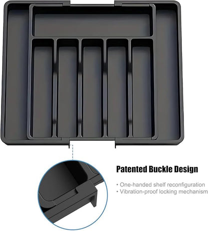 Expandable Silverware Drawer Organizer, Adjustable Utensil Tray with 8 Compartments for Kitchen Cutlery Storage, BPA-Free Plastic Flatware Holder, Smart Value Solution, Black