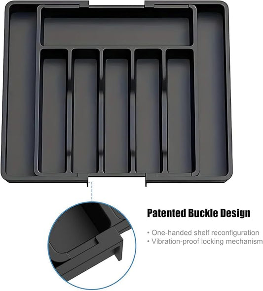 Expandable Silverware Drawer Organizer, Adjustable Utensil Tray with 8 Compartments for Kitchen Cutlery Storage, BPA-Free Plastic Flatware Holder, Smart Value Solution, Black