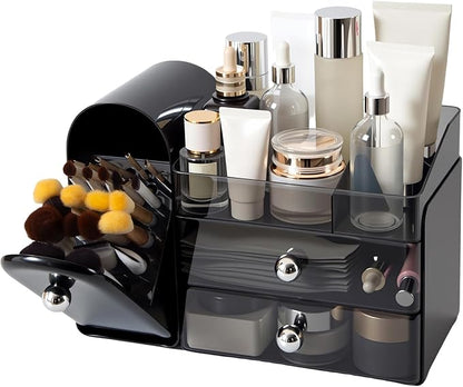 Makeup Organizer with Brush Holder for Vanity, Large Cosmetic Display Cases with 2 Drawers, Skincare Organizer for Bathroom Countertop, Black
