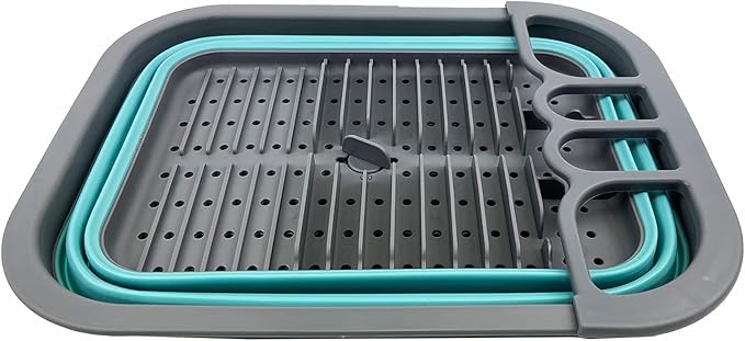SAMMART 7.3L (1.9 Gallon) Collapsible Plastic Dish Drainer with Drainer Board - Foldable Drying Rack Set - Portable Dinnerware Organizer - Space Saving (Grey/Crystal Blue)