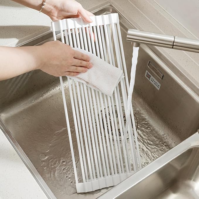 Pezixueran Roll Up Dish Drying Rack Over The Sink.Foldable Kitchen Drainer,Fully Silicone Cover Stainless Steel Bar,Heat-Resistant, Anti-Slip Sink Rack for Kitchen Counter Multipurpose.