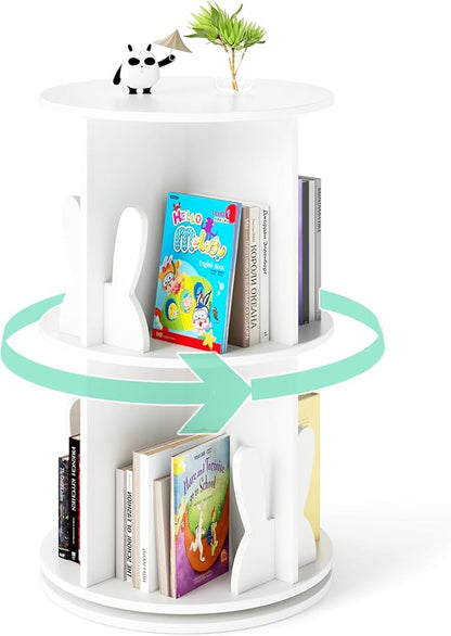 Costzon Kids Rotating Bookshelf, 2 Tier Small Book Shelf with Bookends, 360° Display Spinning Bookshelf Tower, Corner Bookshelf for Small Space, Kids Room, Bedroom, Nursery (White)
