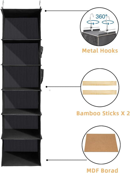 2 Packs Hanging Closet Organizer, 6-Shelf Closet Organizers and Storage with Side Pockets, Collapsible Hanging Shelves for Closet & RV & College Dorm,Black