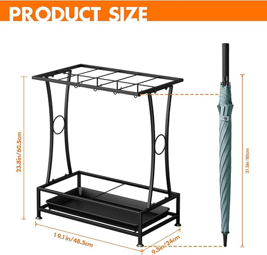 Metal Umbrella Holder Stand with Removable Drip Tray, Industrial Free Standing Umbrella Rack Organizer for Entryway Home Office Patio Decor(10 Slots 8 Hooks, Black)