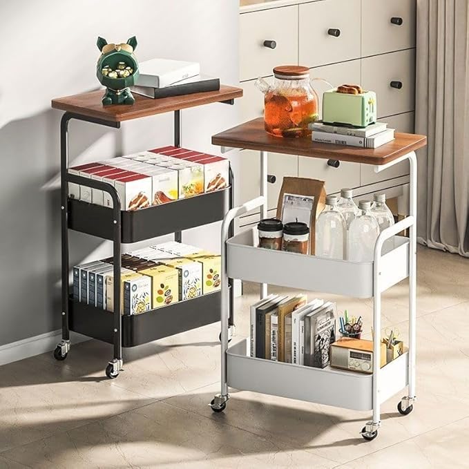 3Tier Rolling Cart - Metal Utility Cart with Wheels, Heavy Duty Mesh Rolling Storage Cart Organizer for Kitchen Office Bedroom Living Room Slide Table (Black)
