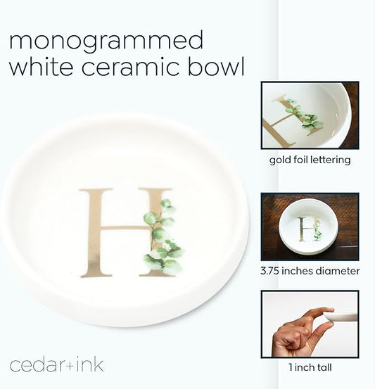 Trinket Tray Jewelry Dish with Monogrammed H in Gold Ring Holder - White Trinket Dish - Personalized Ring Dish or Jewelry Tray - Cedar & Ink (H)