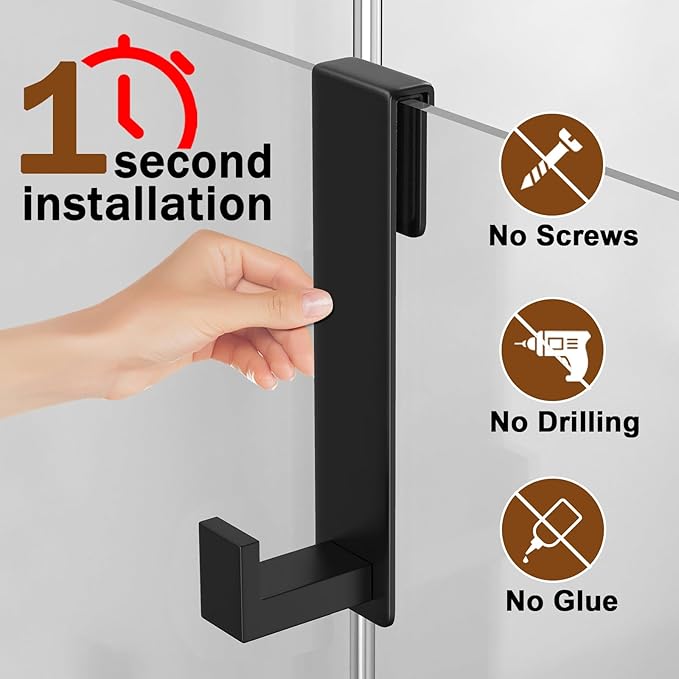VINHOLD Shower Door Hooks, Heavy Duty Rack Hooks for Robe, Stainless Steel Towel Hooks for Bathroom, Fits Frameless Glass Shower Doors up to 3/8" (10mm) Thick (Black, 2 Pack)