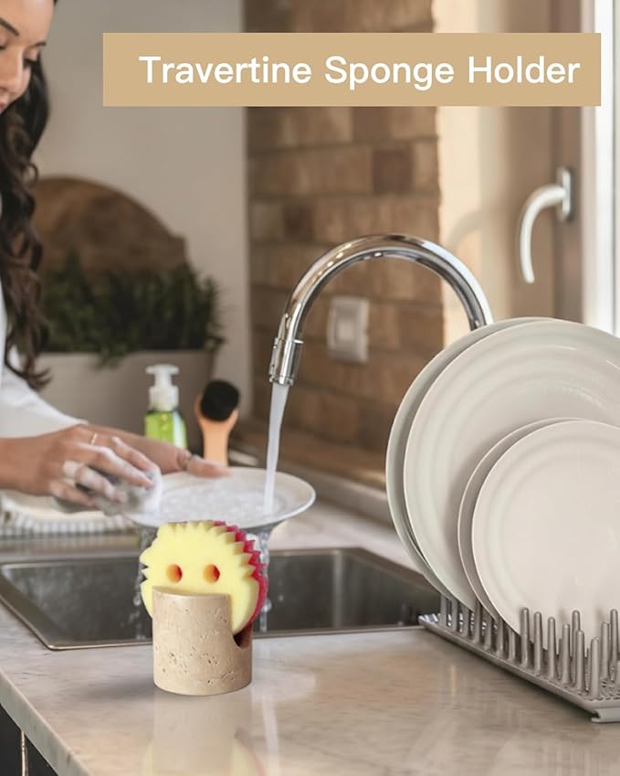 BekPooQ Luxury Travertine Sponge Holder – Fast-Drying, Rust-Proof Kitchen Sink Caddy, Non-Slip Base, Compact Stone Sponge Caddy for Kitchen Sink Counter, for Modern & Farmhouse Homes, Beige