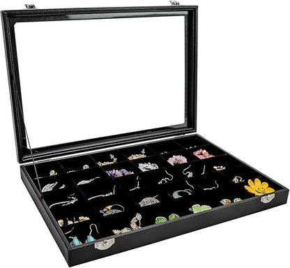 Wudygirl 30 Grid Jewelry Organizer Clear Lid Jewelry Tray Stackable Jewelry Storage Case Display Rings,Earrings,Necklace,Black Velvet (30 Grid)