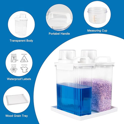 68oz Laundry Detergent Container, 2 Pack Plastic Liquid Detergent Dispenser for Laundry Room Powder,Soap,Fabric Softener, Scent Beads Storage and Organization,with 5 Labels,1 Tray.(2, 68oz)