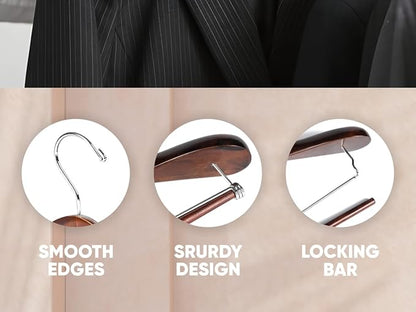 Suit Hangers for Men 6 Pack Wide Shoulder Hanger Smooth Finish Wooden Suit Hanger for Men and Women Coat Hangers 360° Swivel for Dress Jacket Non Slip Pant bar with Locking bar