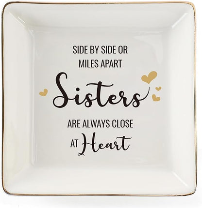 HOME SMILE Sister Gifts From Sister Ring Dish Tray, Valntine's Day Galentines' Gifts For Sister-Sister Will Always Be Connected By Heart Jewelry Dish Birthday Wedding Gifts For Sister