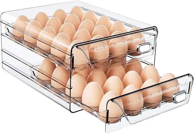 HIYOHIYO Clear 40 Egg Holder for Fridge, High Capacity Egg Storage for Refrigerator, Large Egg Container for Refrigerator, Stackable Eggs Storage Trays for Countertop (2 Layer, 9.8"x 8.5"x 5.5")