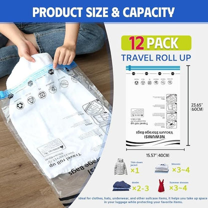 12 Pack Compression Bags for Travel, Roll Up Reusable Travel Space Saver Vacuum Storage Bags for Luggage, Camping, and Storage (No Vacuum or Pump Needed).