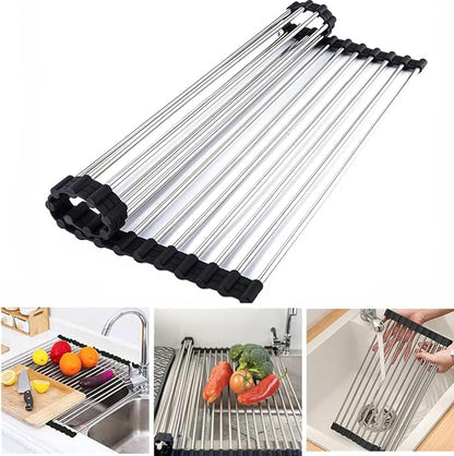 Stainless Steel Roll Up Dish Rack Over The Sink Roll Out Dish Drying Rack for Kitchen Dishes,Cups
