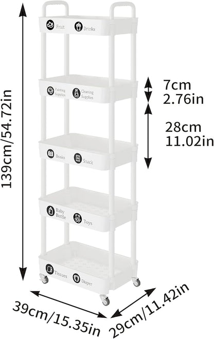 Laiensia 5-Tier Rolling Cart with Wheels,Multifunction Utility Storage Carts, Kitchen Storage Organizer,Mobile Shelving Unit for Bathroom,Laundry,with Classified Stickers,White