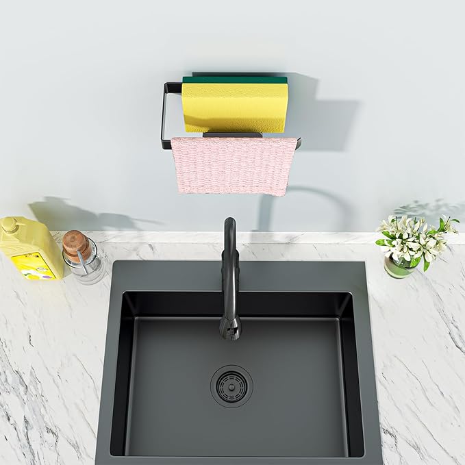 XILIMEN Sponge and Dish Cloth Holder for Kitchen Sink, 2 in 1 Adhesive Sink Dish Sponge Holder, Sinks Caddy Organizer Rack for Storage Sponges Scrubber Glove and Brush, Black