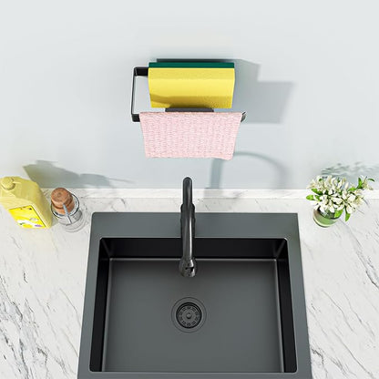 XILIMEN Sponge and Dish Cloth Holder for Kitchen Sink, 2 in 1 Adhesive Sink Dish Sponge Holder, Sinks Caddy Organizer Rack for Storage Sponges Scrubber Glove and Brush, Black