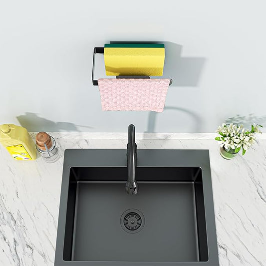XILIMEN Sponge and Dish Cloth Holder for Kitchen Sink, 2 in 1 Adhesive Sink Dish Sponge Holder, Sinks Caddy Organizer Rack for Storage Sponges Scrubber Glove and Brush, Black