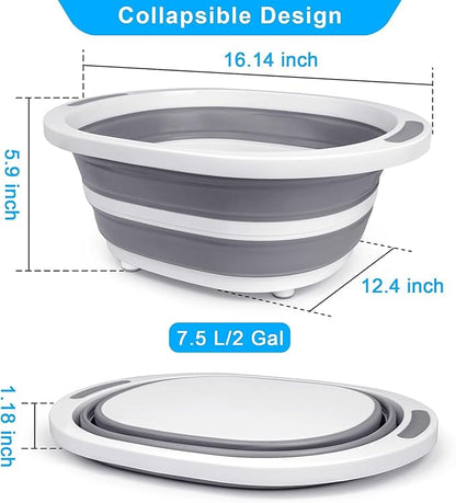 Collapsible Wash Basin, 7.5L Dish Tub Sink Basin Folding Dish Pans for Kitchen Sink, 2-in-1 Dishpan + Cutting Board, Portable Sink Dish Basin for Camping BBQ Prep Tub Washing Bin Bucket for Cleaning