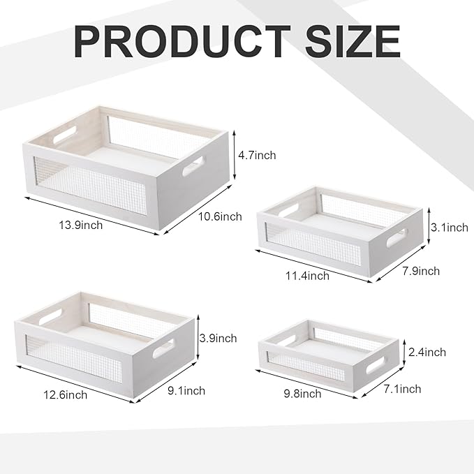 4 Pcs Wooden Nesting Countertop Baskets 4 Size Wooden Storage Box with Handle and Metal Wire Multipurpose Wood Organizer Crate for Fruit Vegetable Kitchen Cabinet Bathroom(White,Small)