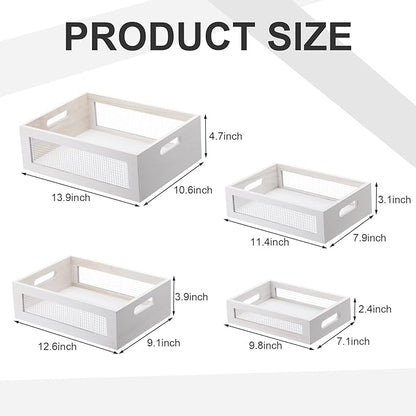 4 Pcs Wooden Nesting Countertop Baskets 4 Size Wooden Storage Box with Handle and Metal Wire Multipurpose Wood Organizer Crate for Fruit Vegetable Kitchen Cabinet Bathroom(White,Small)
