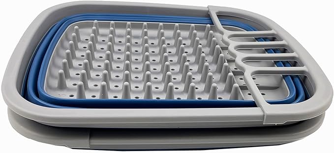 SAMMART 8 litres (2.11Gallons) Collapsible Plastic Dish Drainer - Foldable Drying Rack - Portable Dinnerware Organizer - Space Saving Kitchen Storage Tray (Grey/Mist Blue (Set of 2))
