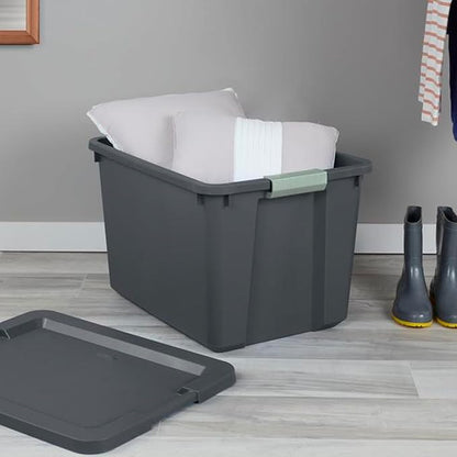 Sterilite 6 Pack 20 Gallon Latch Tote, Stackable Plastic Storage Bin Container, Gray/Green