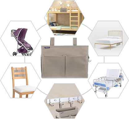 Surblue Bedside Caddy Hanging Bed Organizer Storage Bag Pocket for Bunk and Hospital Beds, College Dorm Rooms Baby Bed Rails,Camp 4 Pockets and 2 Hooks (Gray)