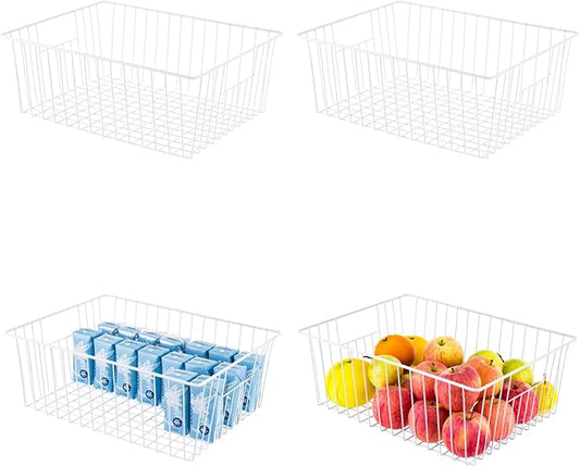 Upright Freezer Organizer Bins， Freezer Baskets for 16, 17, 21 cu.ft Standup Freezer, Wire Storage Baskets with Built-in Handles for Frozen Foods, Snacks, Vegetables, Fruits and More, Set of 4 , White