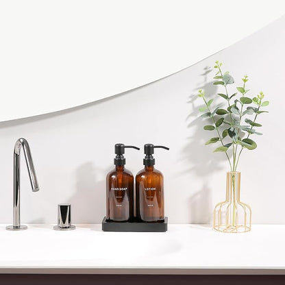 Prus Waso Amber Glass Soap Dispenser Set, Hand Soap and Lotion Set with Black Stainless Steel Pump, Perfect for Modern Bathroom Decor. (Amber)
