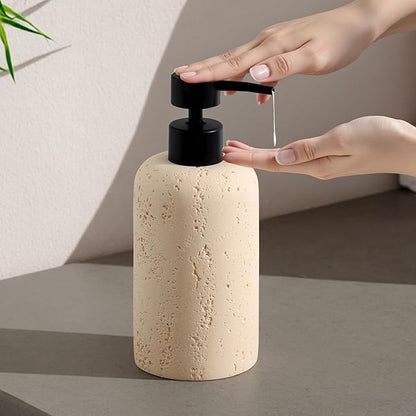 Haocoott Soap Dispensers 340ML 11OZ, 2PCS Luxurious Hand Dish Shampoo Lotion Soap Dispenser Jar, Travertine Soap Pump Bottles for Kitchen Bathroom Countertop (Faint Yellow)
