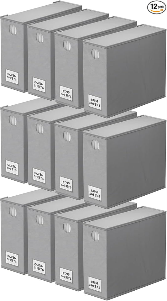 SpaceAid 12 Pack Bed Sheet Organizers and Storage, Foldable Sheet Organizer for Linen Closet, Sheets Set Folder Keeper with Window XL (Queen & King Size) Bedding Container (Gray, 12 Pack)