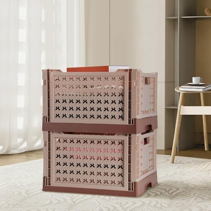 Stackable Plastic Closet Storage Basket, 2 Pack Foldable Closet Organizers and Storage Bins, Decorative Basket for Closet, Shelves, Laundry, Wardrobe Organizing (Khaki Coffee)